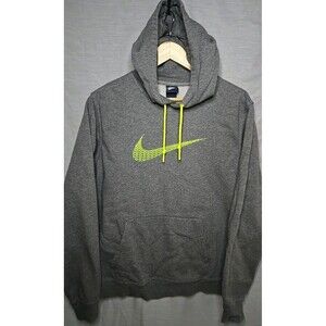 Nike Hoodie Sweatshirt Mens Large Check Embroidered Swoosh Logo Gray Volt Green